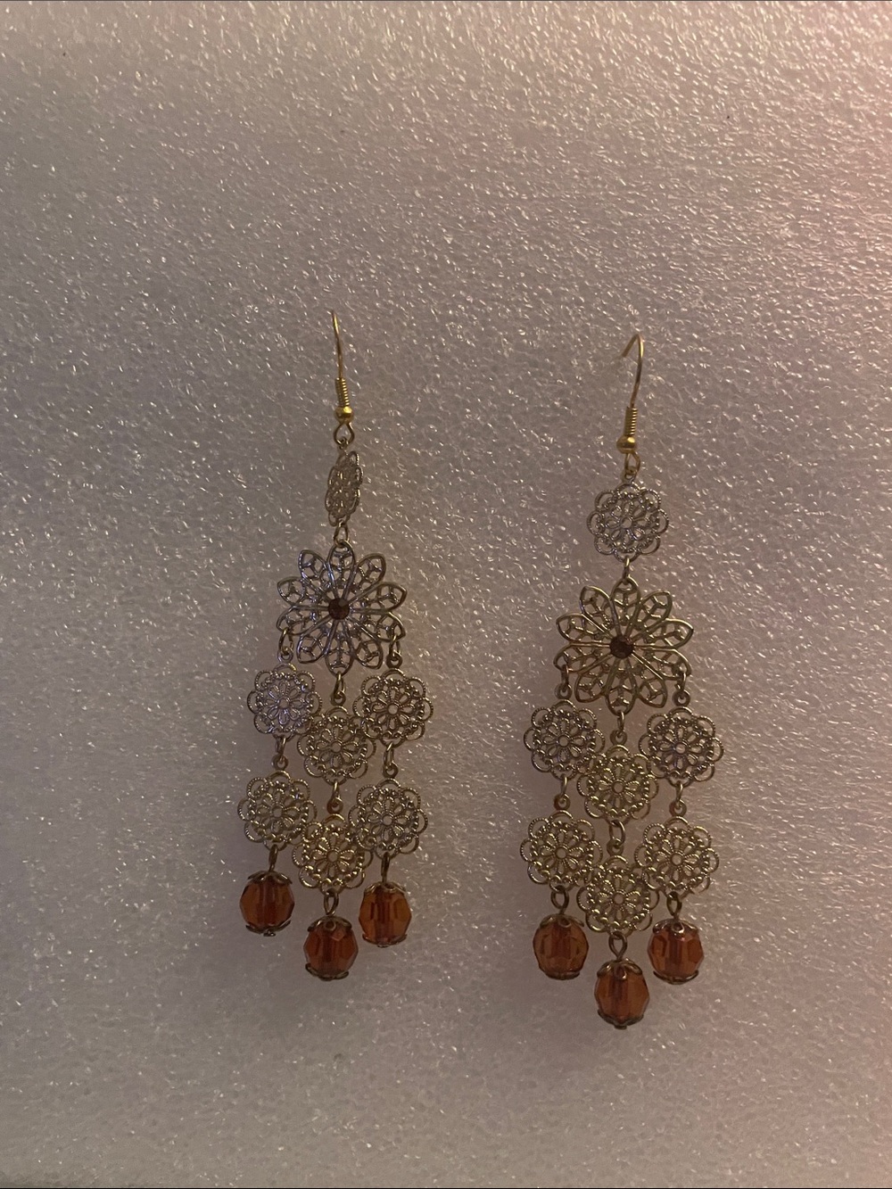 Gold-Tone Vintage Chandelier Earrings with Amber Beads